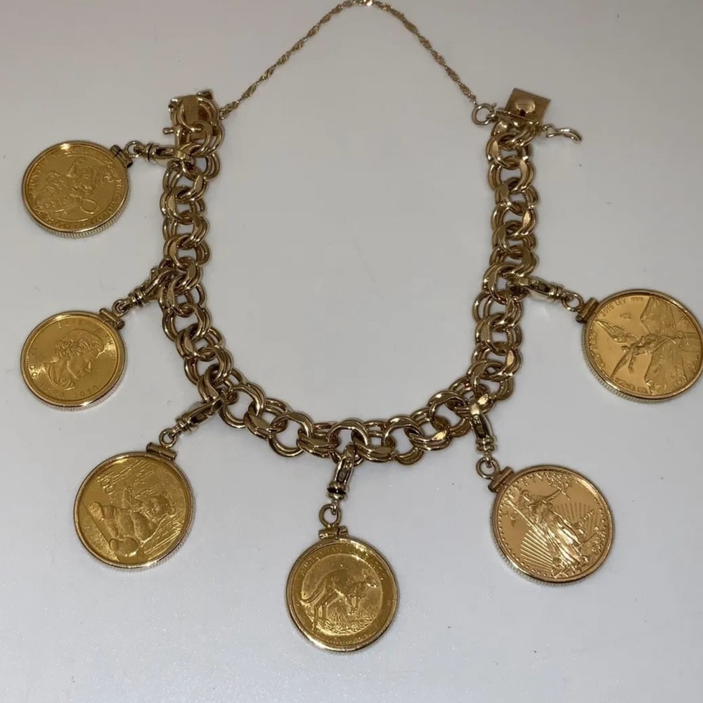 Solid 14 Kt Gold Charm Bracelet With Six Genuine .999 Pure Gold Coins - Picture 5 of 9